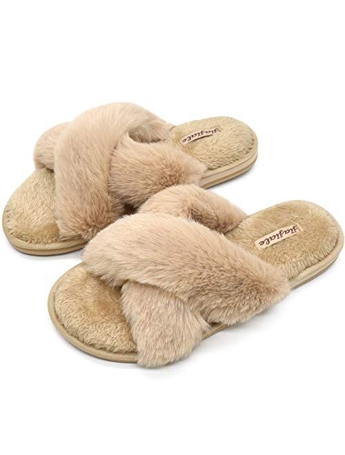 Jiajiale Womens Fluffy Cross Band Slippers, Ladies Arch Support Fuzzy Plush Slides Slippers, Furry Faux Fur Cozy House Slipper, Open Toe Memory Foam Slide Sandals