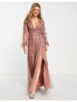 floral embellished wrap maxi dress with blouson sleeve and ribbon waist