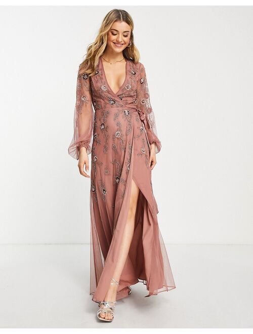 ASOS DESIGN floral embellished wrap maxi dress with blouson sleeve and ribbon waist