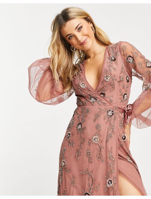 ASOS DESIGN floral embellished wrap maxi dress with blouson sleeve and ribbon waist