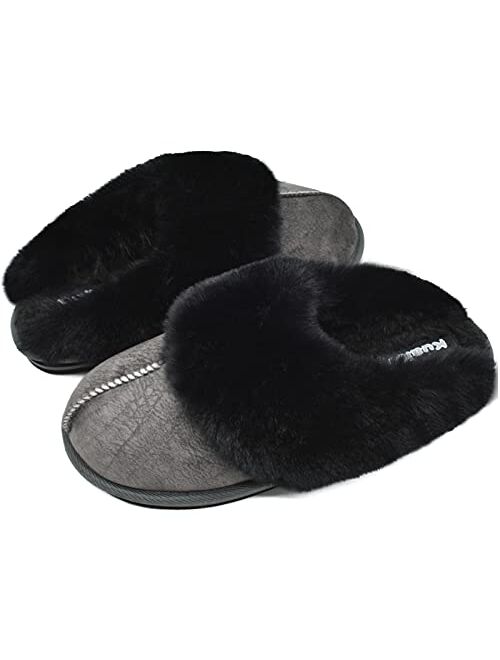 KuaiLu Womens Fluffy Dual Memory Foam Slippers Ladies Cozy Arch Support Warm Scuff Slippers Slip on Comfy Winter House Shoes with Non-Slip Indoor Outdoor Hard Sole