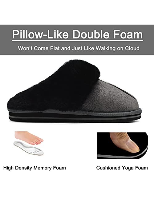 KuaiLu Womens Fluffy Dual Memory Foam Slippers Ladies Cozy Arch Support Warm Scuff Slippers Slip on Comfy Winter House Shoes with Non-Slip Indoor Outdoor Hard Sole