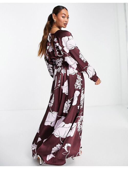 ASOS DESIGN belted satin batwing maxi tea dress in oversized purple contrast floral