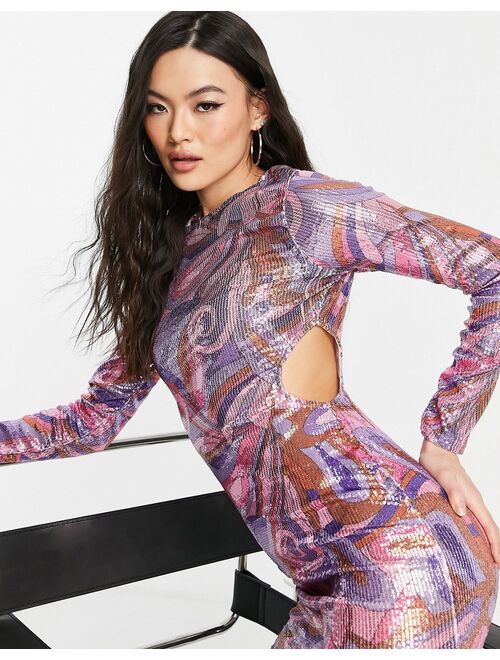 ASOS DESIGN long sleeve cut out mini dress in retro pink sequin