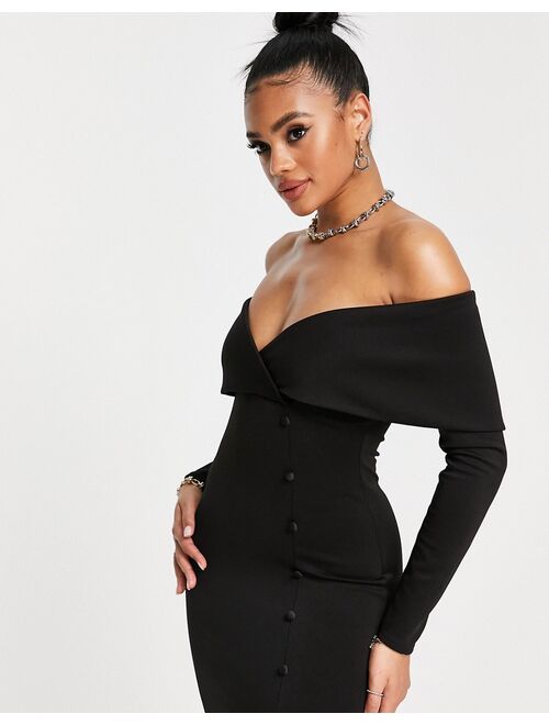 ASOS DESIGN off the shoulder sweetheart midi dress with button detail in black