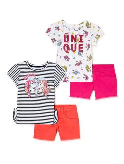 Girls Elevated T-Shirts and Twill Shorts, 4-Piece Outfit Set, Sizes 4-10