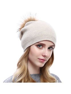 Women Knit Wool Beanie - Winter Fashion Solid Wool Hats Real Removable Raccoon Fur Pom Pom Warm Ski Beanie