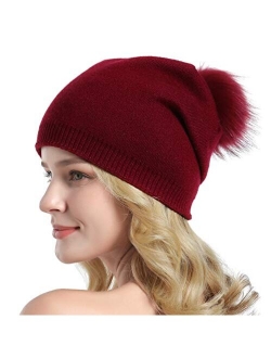 Women Knit Wool Beanie - Winter Fashion Solid Wool Hats Real Removable Raccoon Fur Pom Pom Warm Ski Beanie