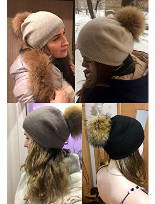 Queenfur Women Knit Wool Beanie - Winter Fashion Solid Wool Hats Real Removable Raccoon Fur Pom Pom Warm Ski Beanie