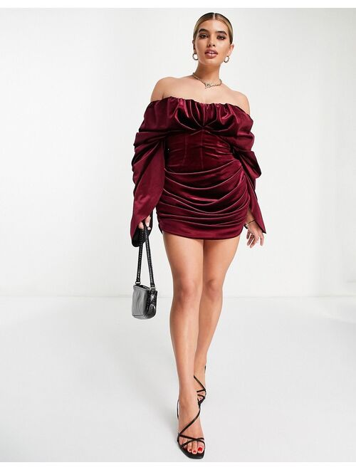 ASOS DESIGN bonded velvet extreme drape sleeve dress in burgundy