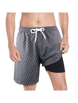 Mens Swim Trunks with Compression Lined 7'' Swim Shorts Quick Dry Swimwear Boardshorts with Boxer Brief Liner