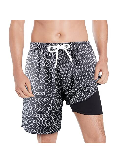 QRANSS Mens Swim Trunks with Compression Lined 7'' Swim Shorts Quick Dry Swimwear Boardshorts with Boxer Brief Liner