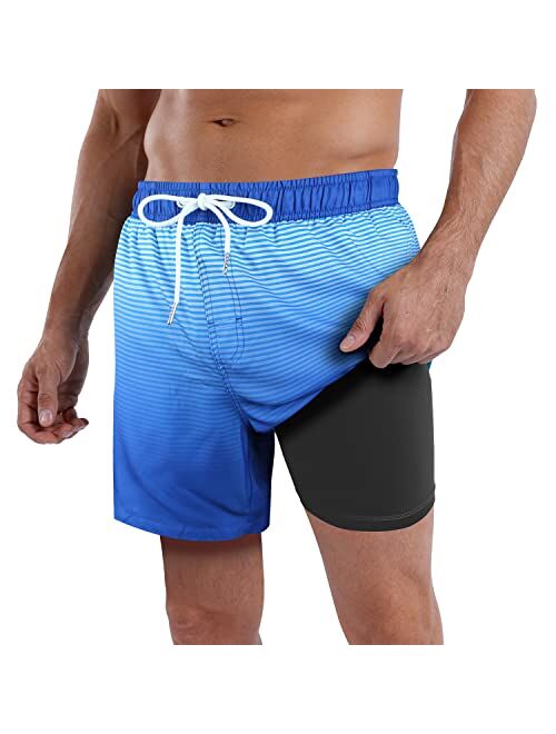 QRANSS Mens Swim Trunks Compression Liner Quick Dry 5.5'' Swimwear Swim Shorts with Boxer Brief Lined