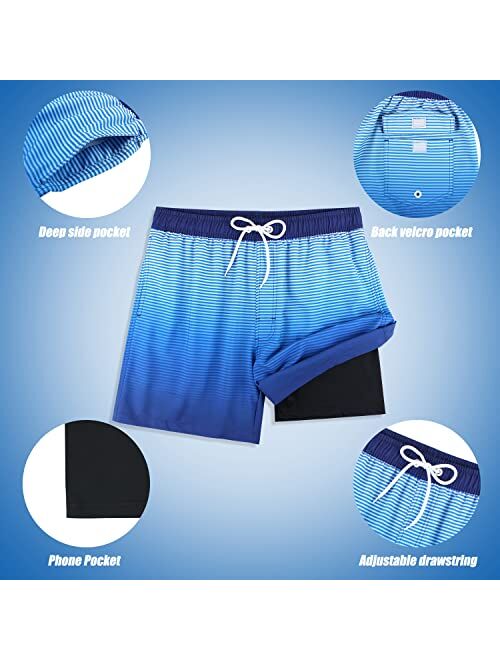 QRANSS Mens Swim Trunks Compression Liner Quick Dry 5.5'' Swimwear Swim Shorts with Boxer Brief Lined