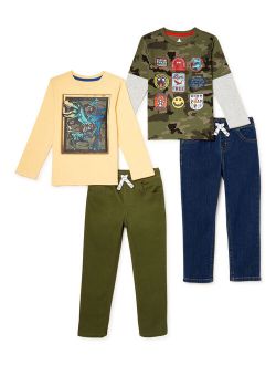 Boys Dino Long Sleeve Tee and Pant, 4-Piece Outfit Set, Sizes 4-10