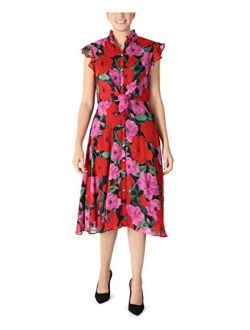 Women's Ruffle Neck Button Front Tie Waist Dress