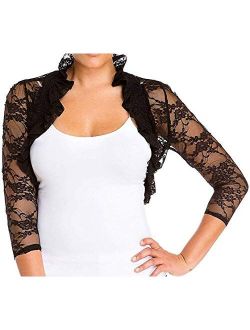 Fashion Secrets Women`s Ruffle Collar 3/4 Sleeve Smocked Lace Bolero Shrug Cardigan Top