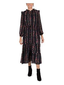 Womens Long Sleeve Ruffle Drawstring Tiered Midi Dress