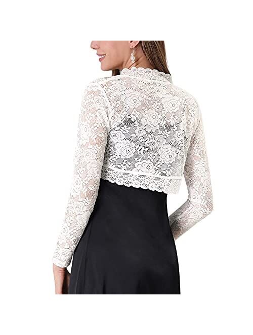 Argeousgor Women's Lace Shrug Bolero Cardigan Long Sleeve Open Front Sheer Floral Lace Crop Jacket