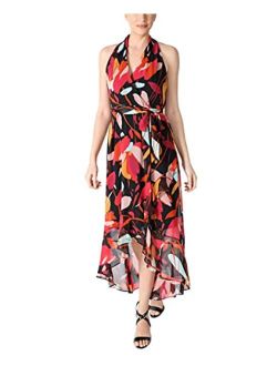Women's Sleeveless V-Neck Halter Faux-Wrap Belted Asymmetrical Ruffled Hemline Maxi Dress