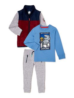 Boys Dino Long Sleeve Lenticular T-Shirt, Vest Jacket, and Sweater Fleece Joggers, 3-Piece Outfit Set, Sizes 4-10