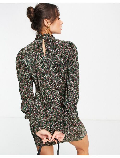 ASOS DESIGN plisse frill neck mini dress in dark green floral
