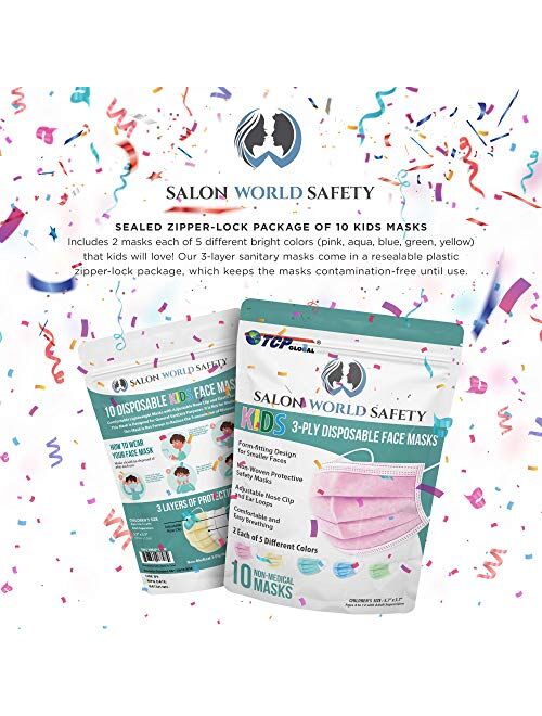 TCP Global Salon World Safety - Kids Face Masks 3-Ply Protective PPE (5 Colors) Disposable Children's Size
