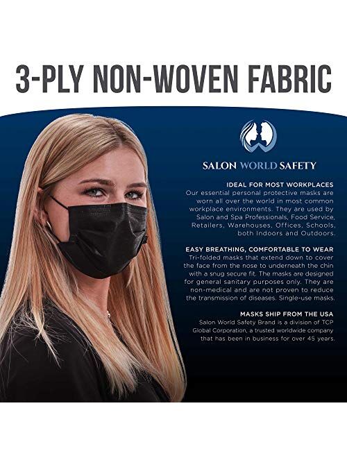 TCP Global Salon World Safety - Black Safety Face Masks Disposable 3-Ply PPE