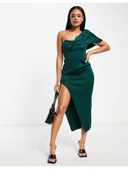 one shoulder seamed bust midi dress with high leg split in forest green