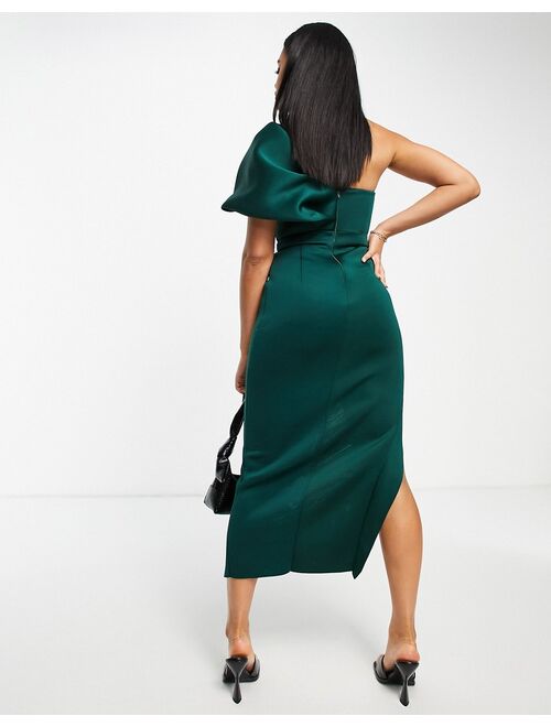 ASOS DESIGN one shoulder seamed bust midi dress with high leg split in forest green