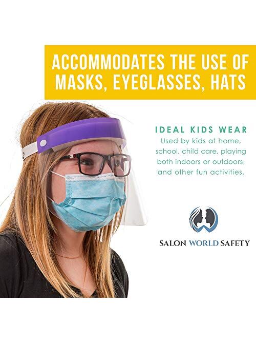 TCP Global Salon World Safety Kids Face Shields (Pack of 5) - 5 Colors, 1 Each - Clear Protective Children's Full Face Shields to Protect Eyes, Nose, Mouth - Anti-Fog PET