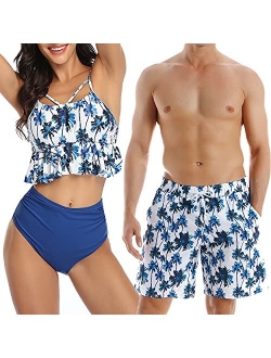 Jumojufol Couple Matching Swimsuits Two Piece High Waisted Bikini Swimsuits Trunks Swim Women and Men Bathing Suits