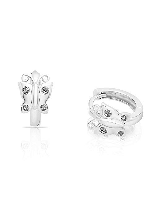 Tilo Jewelry Sterling Silver Tiny Butterfly Huggie Hoop Earrings with CZ for Girls
