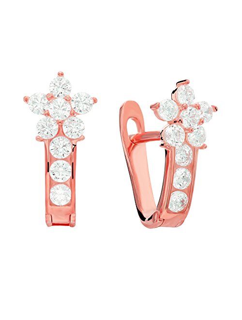 Tilo Jewelry Sterling Silver Flower Huggie Hoop Earrings with Cubic Zirconia for Girls