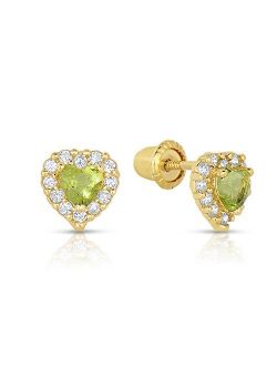 14k Yellow Gold Simulated Birthstone and CZ Halo Stud Heart Earrings