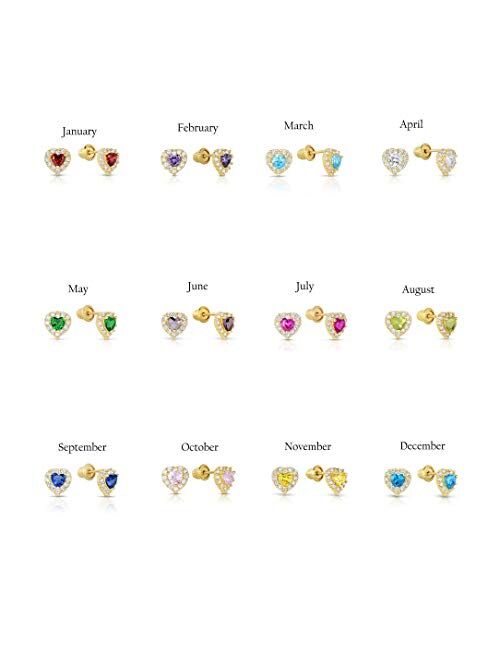 Tilo Jewelry 14k Yellow Gold Simulated Birthstone and CZ Halo Stud Heart Earrings