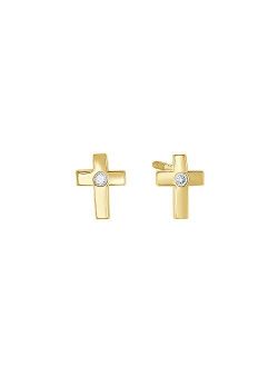 14k Gold Tiny Cross Stud Earrings with Solitaire CZ