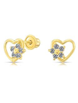 10k Yellow Gold Tiny Open Heart & Flower CZ Stud Earrings with Screw-Backs
