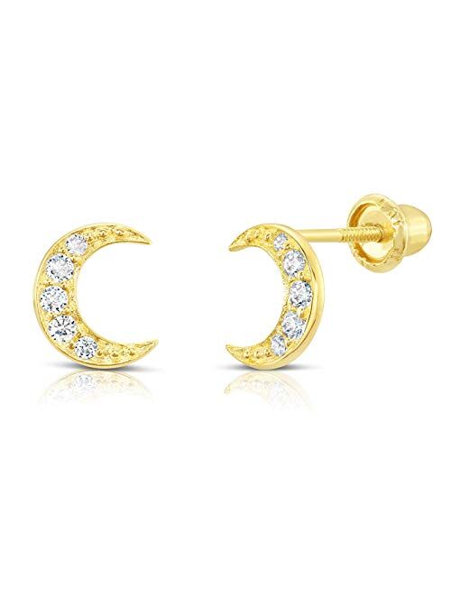 TILO JEWELRY 10k Yellow Gold Tiny Moon Crescent CZ Stud Earrings with Screw-Backs