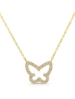 14k Yellow Gold CZ Open Butterfly Pendant Necklace with Adjustable Chain, 16'' 2''