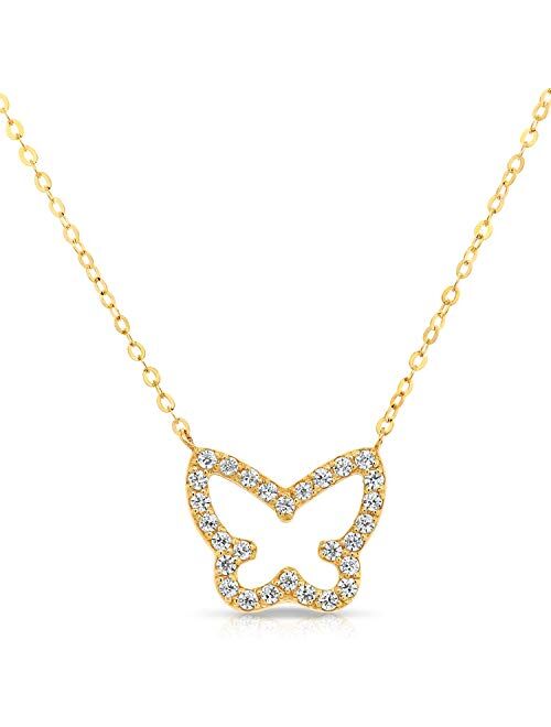 TILO JEWELRY 14k Yellow Gold CZ Open Butterfly Pendant Necklace with Adjustable Chain, 16''+2''