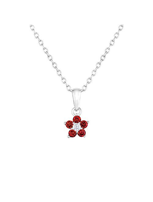 TILO JEWELRY Flower Pendant Necklace in Sterling Silver with Simulated Birthstone CZ for Girls, 16"