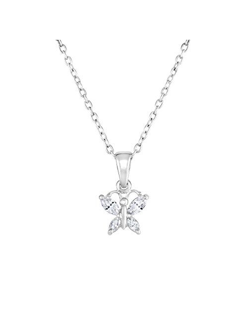 TILO JEWELRY Sterling Silver Butterfly Pendant Necklace with Simulated Birthstone CZ for Girls, 16''