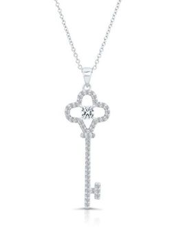 Sterling Silver Pave and Square CZ Key Pendant Necklace