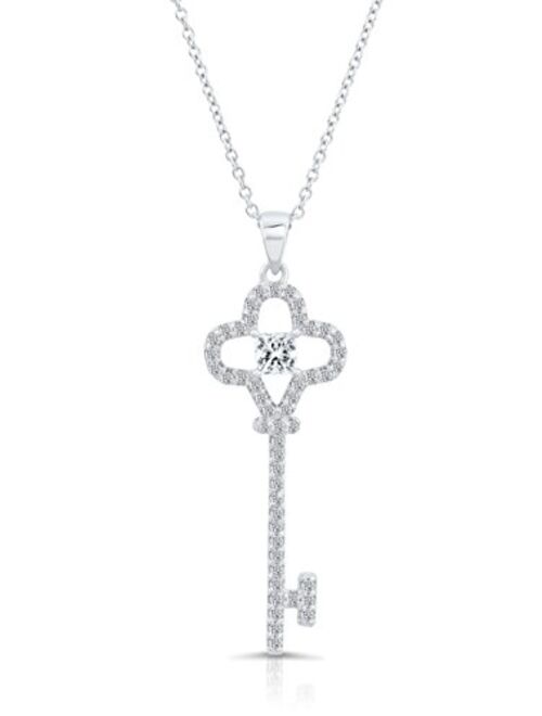 Tilo Jewelry Sterling Silver Pave and Square CZ Key Pendant Necklace