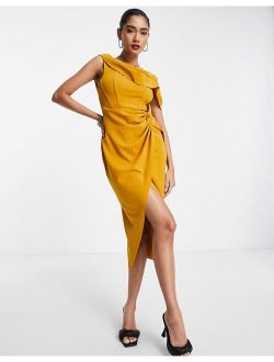 fallen one shoulder gathered midi pencil dress with wrap in mustard