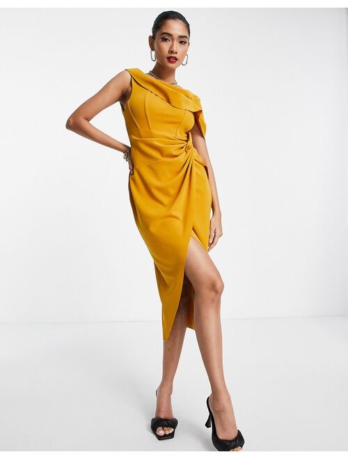 ASOS DESIGN fallen one shoulder gathered midi pencil dress with wrap in mustard