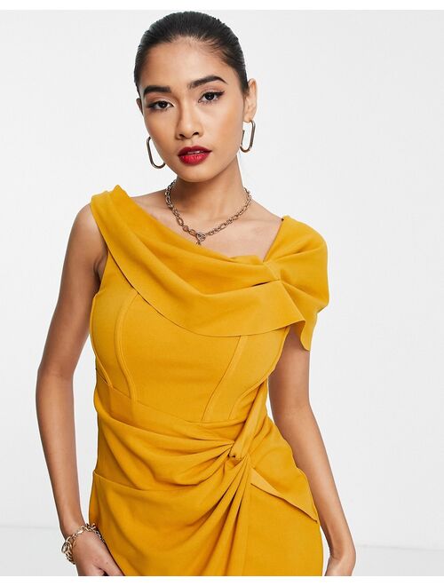 ASOS DESIGN fallen one shoulder gathered midi pencil dress with wrap in mustard