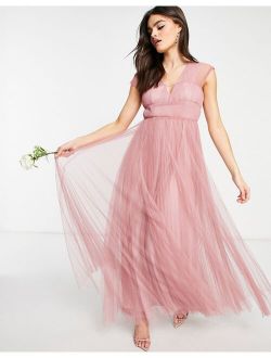 tulle plunge maxi dress with shirred sleeves in rose