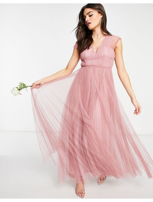 ASOS DESIGN tulle plunge maxi dress with shirred sleeves in rose